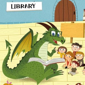 fraydo the dragon reading in a library, all rights reserved